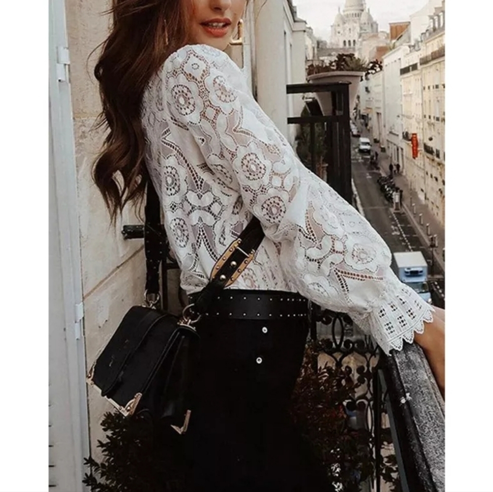 Boho White Lace Top Long Sleeve White Retro Vintage - Picture 5 of 10